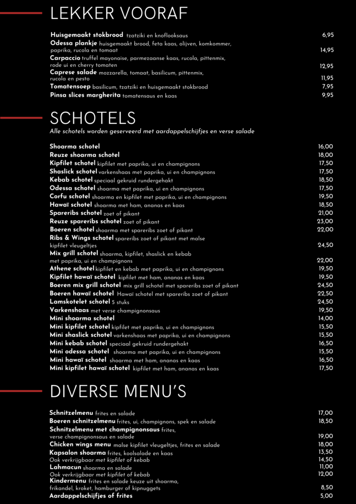 Odessa menu 2025-2026
